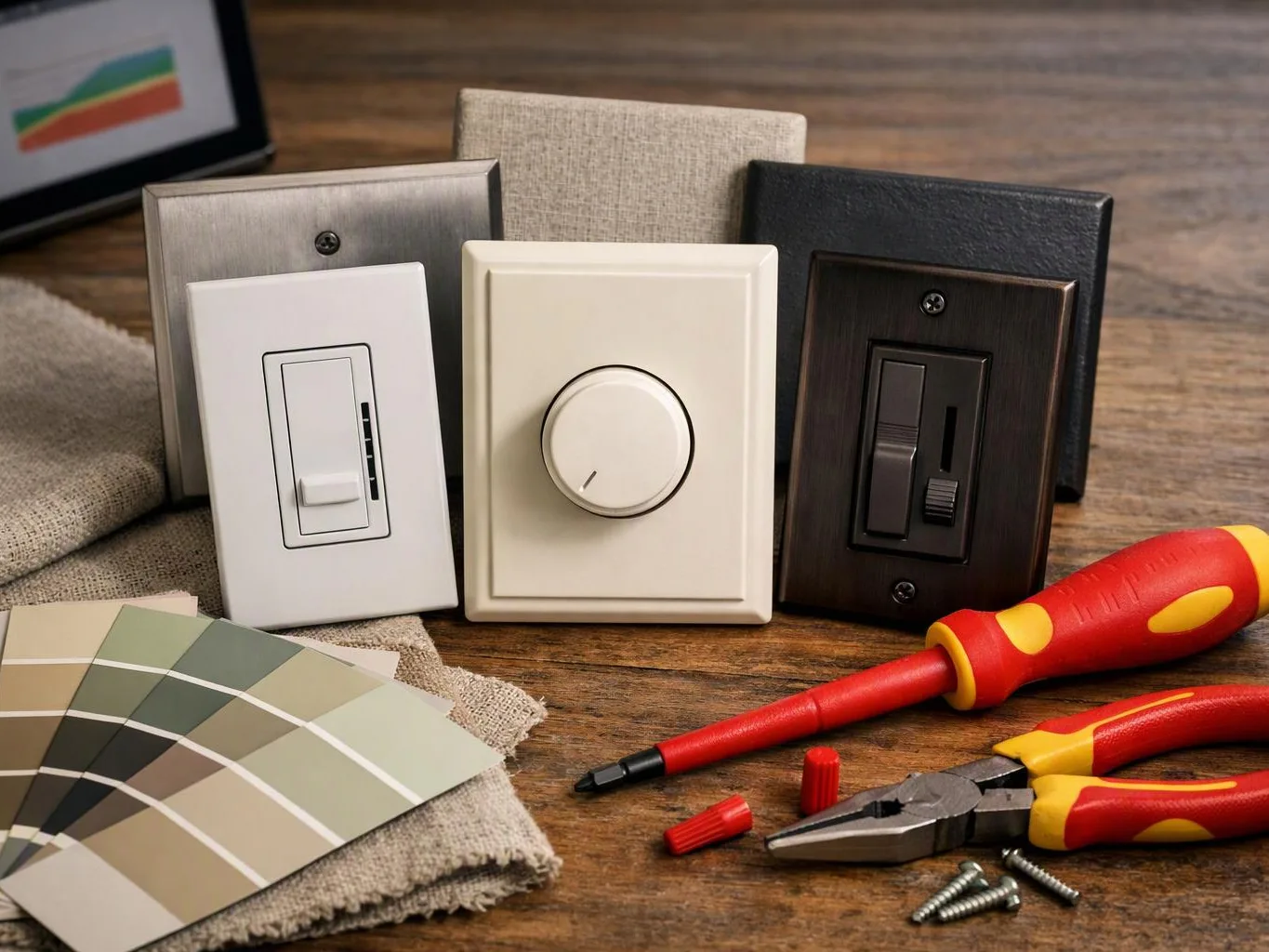 Assorted light switch and dimmer plates sit on a wooden table with screwdrivers, pliers, screws, and paint samples