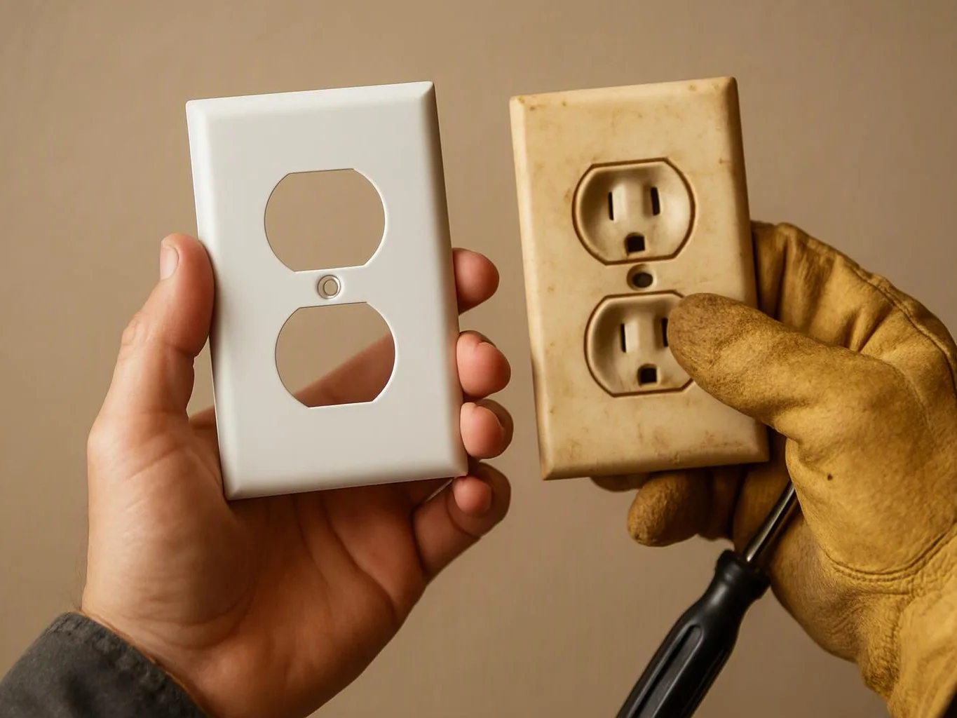 A bare hand and a gloved hand compare a new white outlet cover with a dirty old wall outlet plate