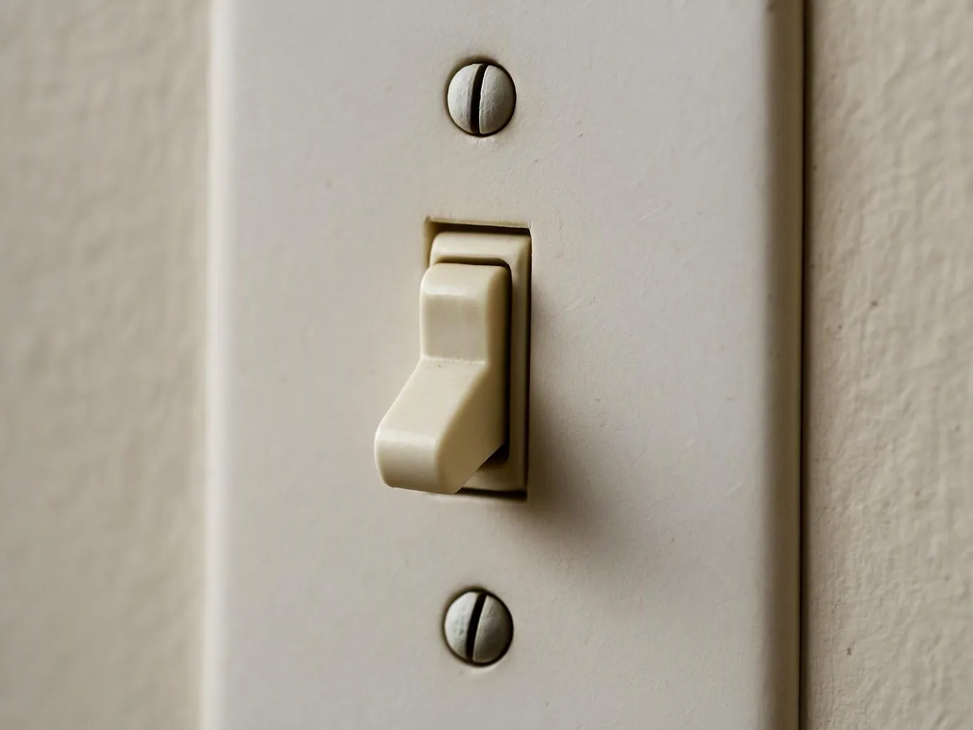 A beige light switch is mounted on a wall plate with two visible screws