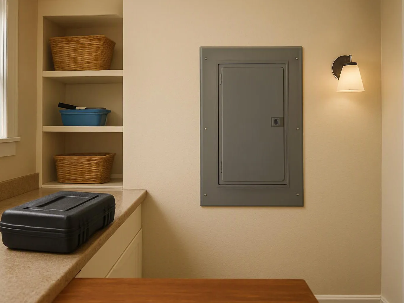 A beige utility room shows a closed gray electrical panel, shelves with baskets, and a black case on the counter