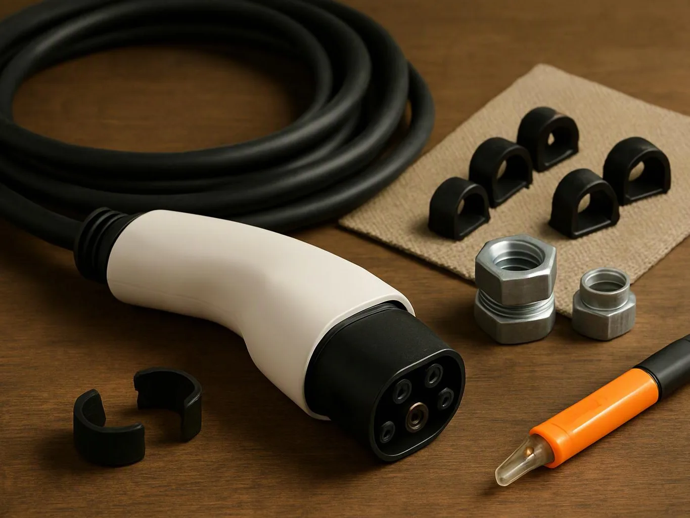 Black charging cable parts, a white connector, clamps, metal fittings, and an orange test probe lie on a wooden surface