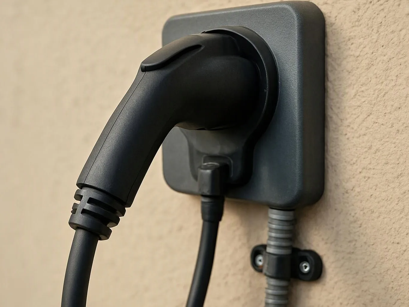 A black charging plug hangs from a wall-mounted outlet on a beige textured wall