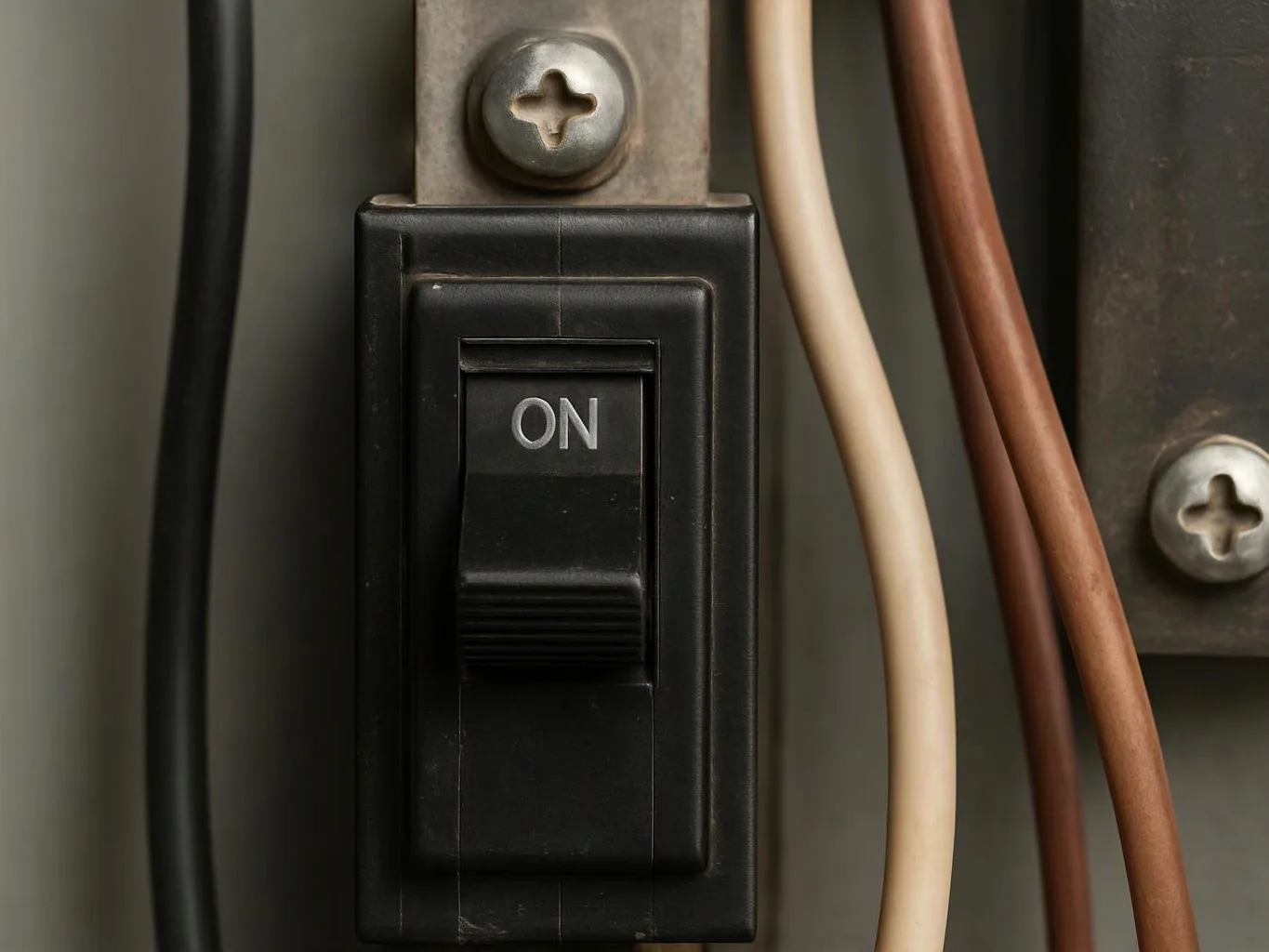A black electrical switch labeled ON sits between wires and metal screws on a panel