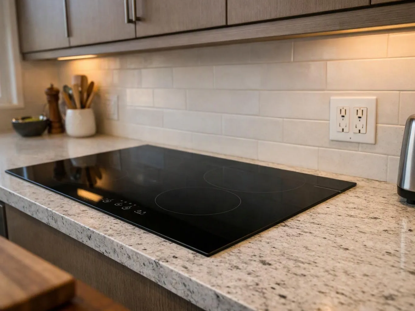 A black glass cooktop sits on a speckled countertop beneath white subway tile and wood cabinets
