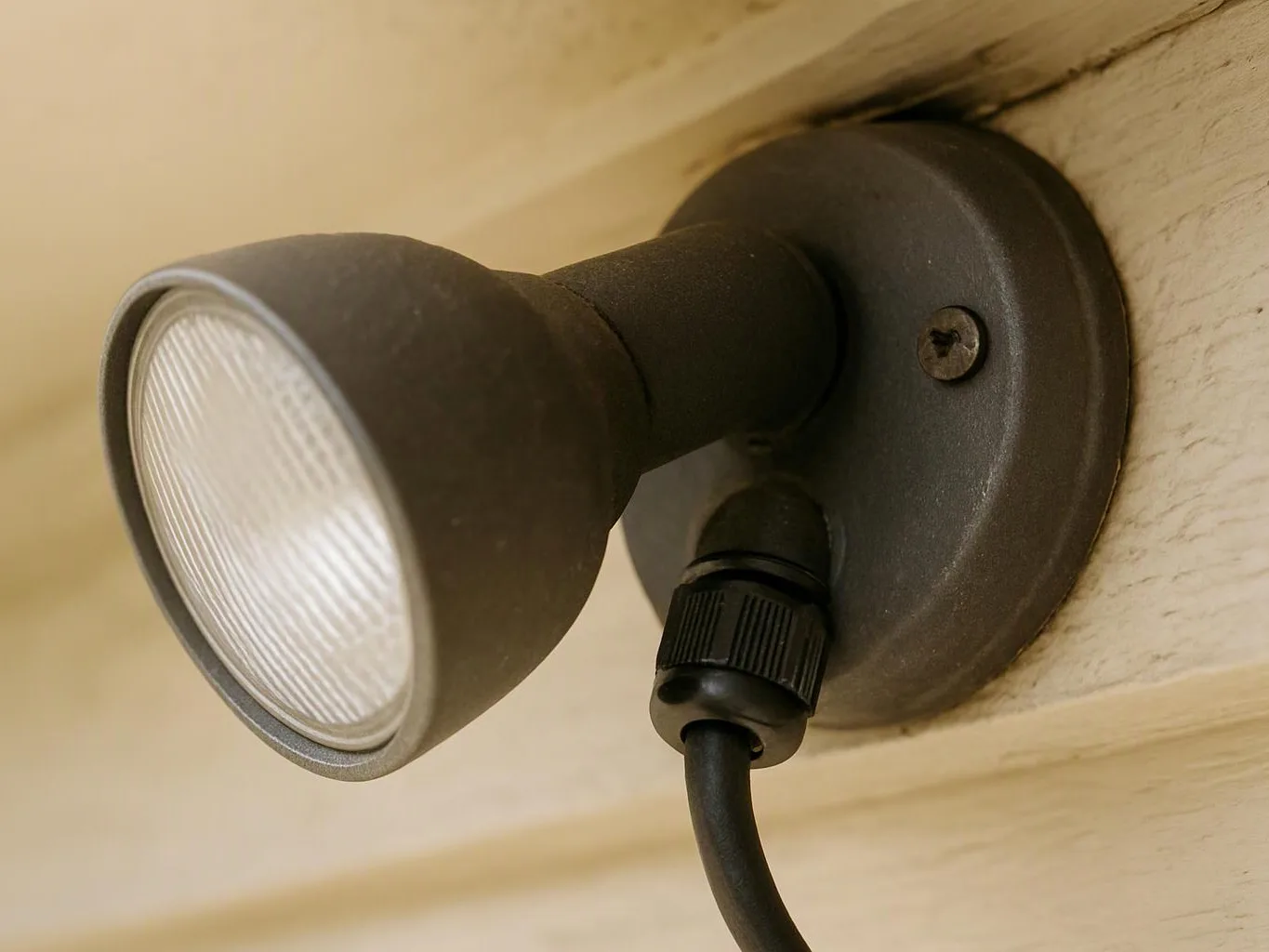 A black wall spotlight with a ribbed glass lens is mounted on a pale wooden surface, with a cord hanging below