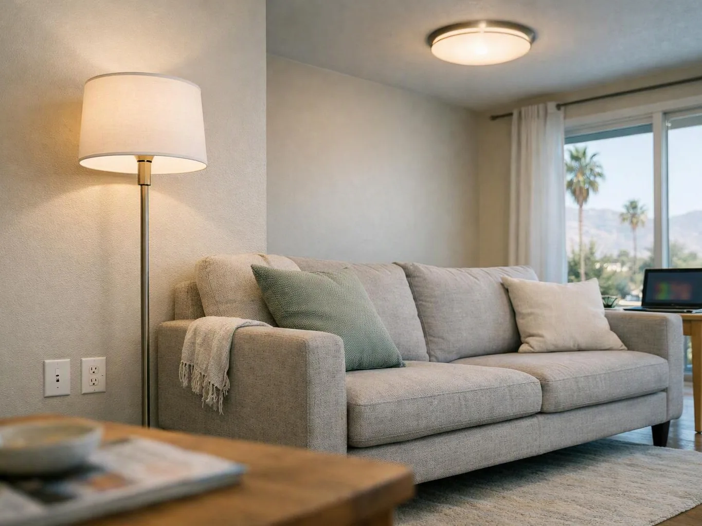 A bright living room shows a gray sofa, floor lamp, ceiling light, and a window with palm trees outside