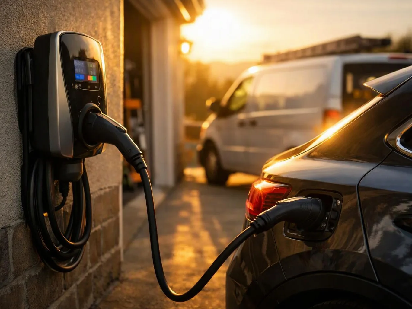 A car charges at a wall-mounted station outside, with warm sunset light and a van in the background