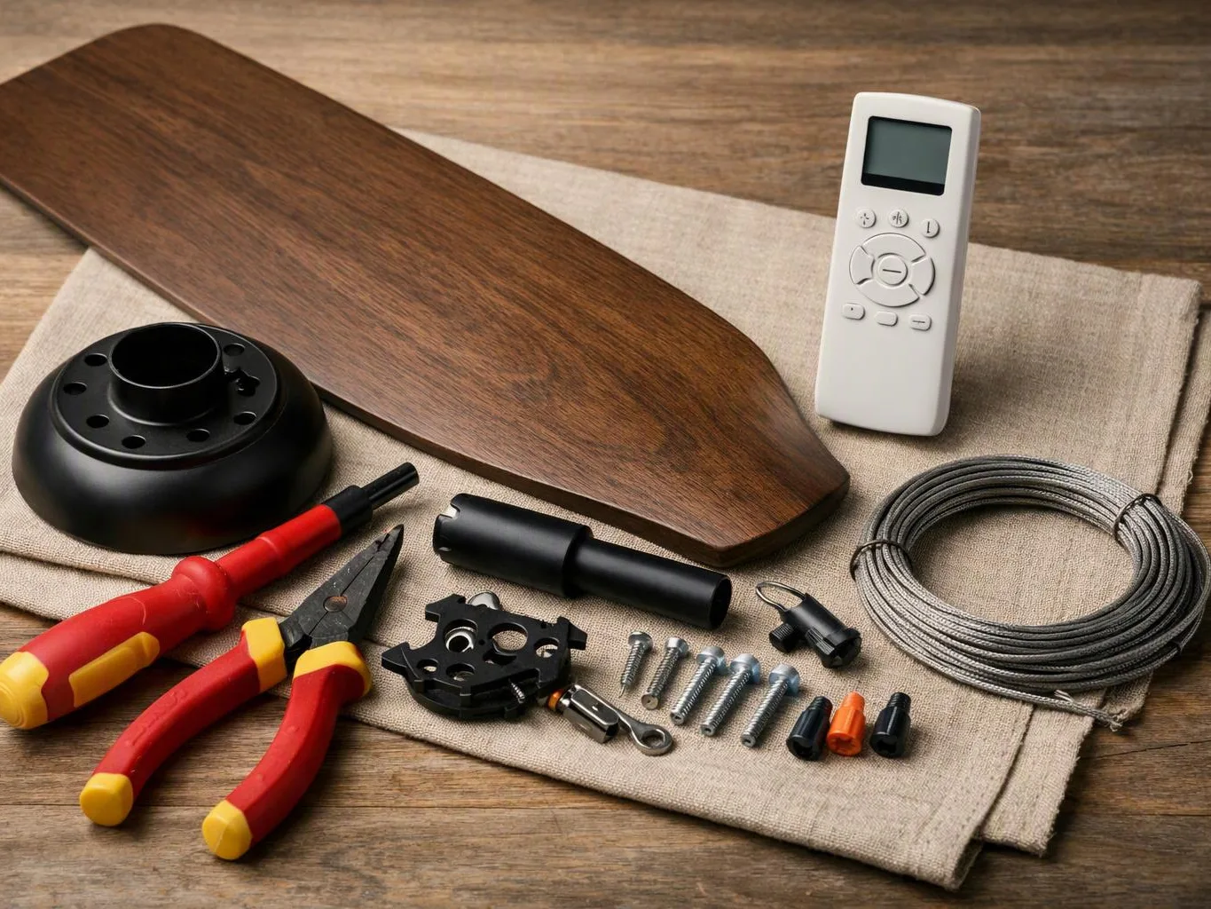 Ceiling fan parts, tools, screws, wire, and a remote rest on a cloth-covered wooden table