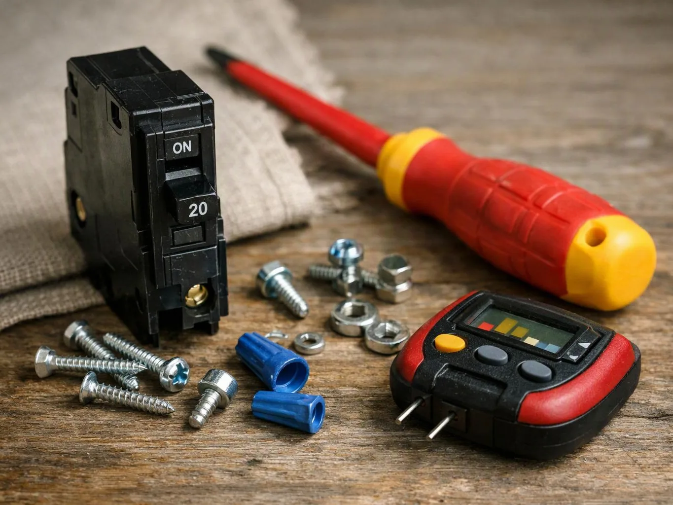 A circuit breaker, screwdriver, tester, screws, nuts, and wire connectors rest on a wooden surface
