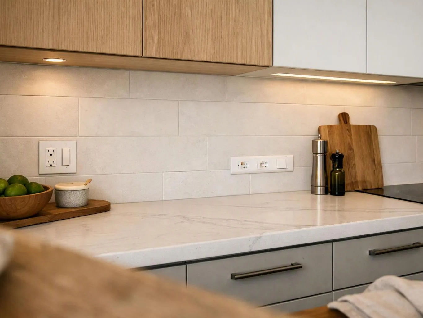 A clean kitchen counter holds limes, cutting boards, and bottles beneath wood cabinets with warm under-cabinet lights
