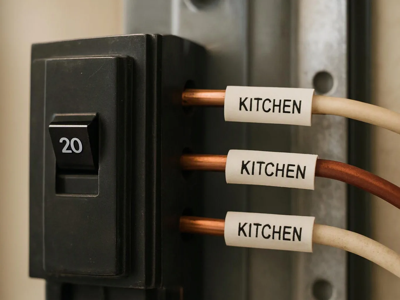 Close-up of a black 20-amp breaker with three labeled kitchen wires plugged into it