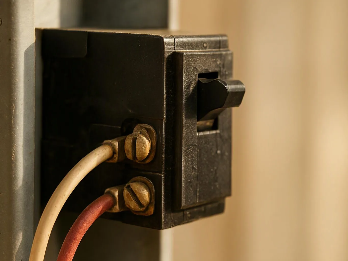 Close-up of a black electrical switch box with two wired terminals mounted beside a metal surface