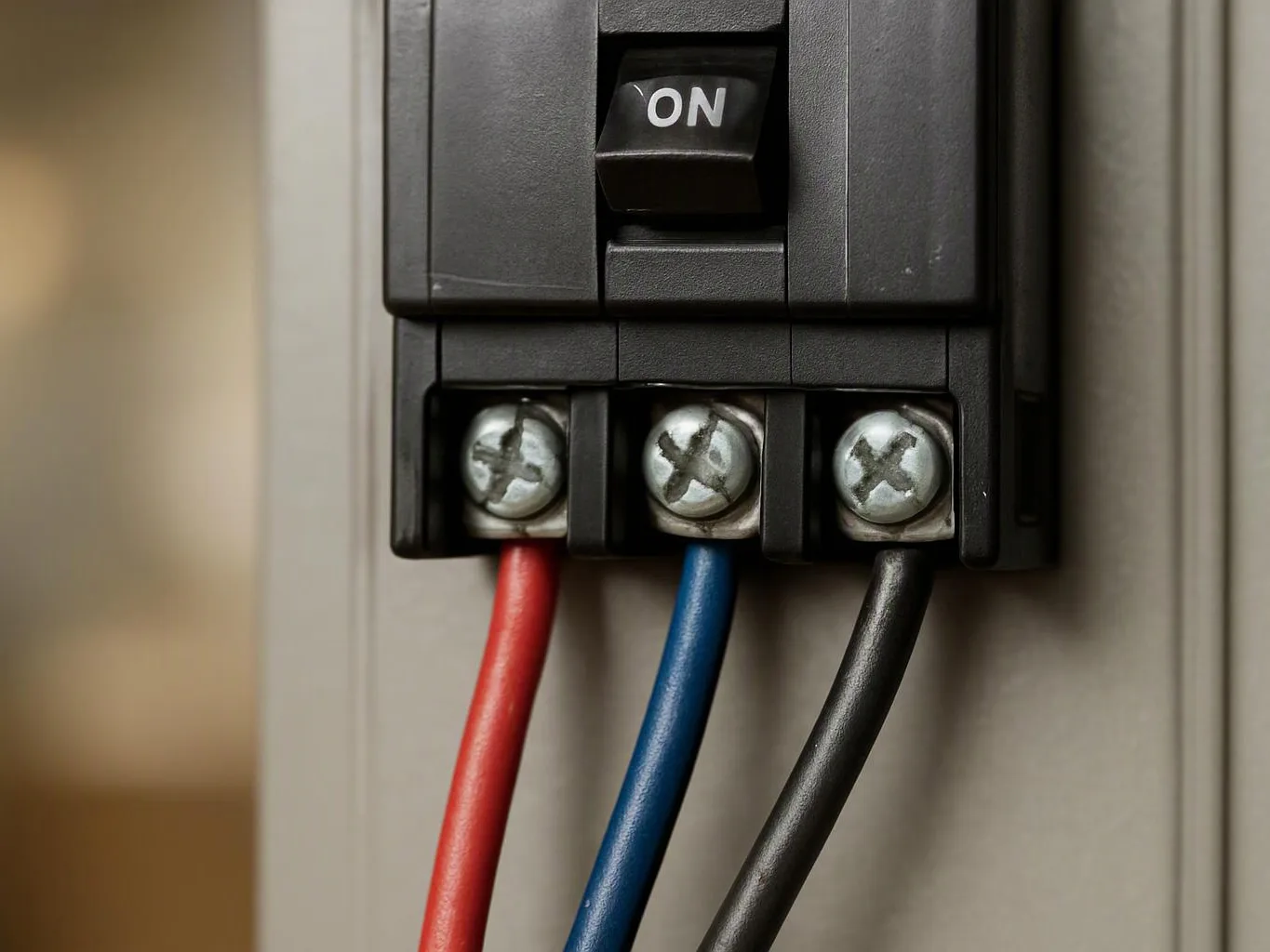 Close-up of a black electrical switch with three color-coded wires connected under silver screws