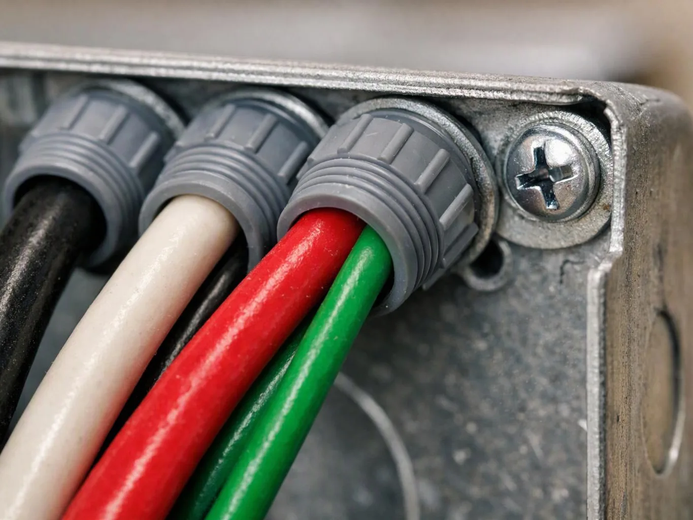 Close-up of colored wires feeding through gray cable connectors into a metal electrical box