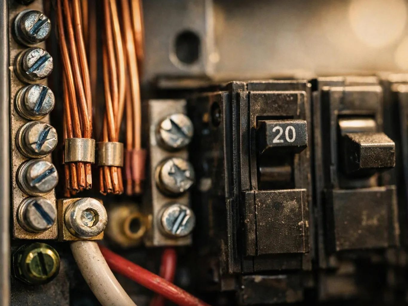 Close-up of an electrical breaker panel with copper wires and black switches marked 20