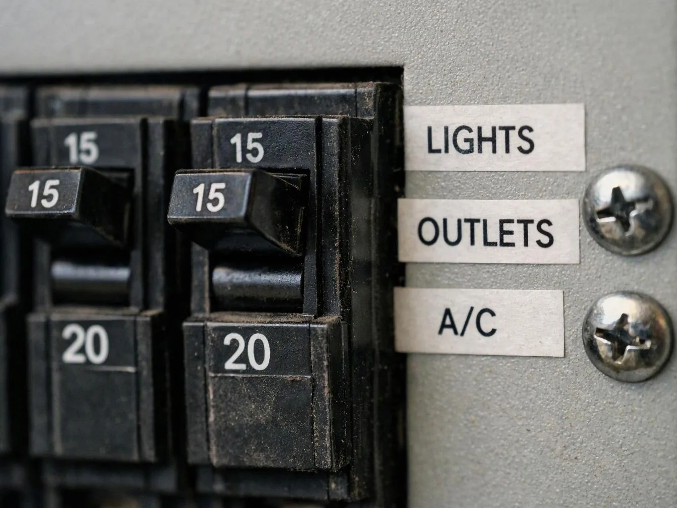 Close-up of an electrical breaker panel with labeled switches for lights, outlets, and A/C