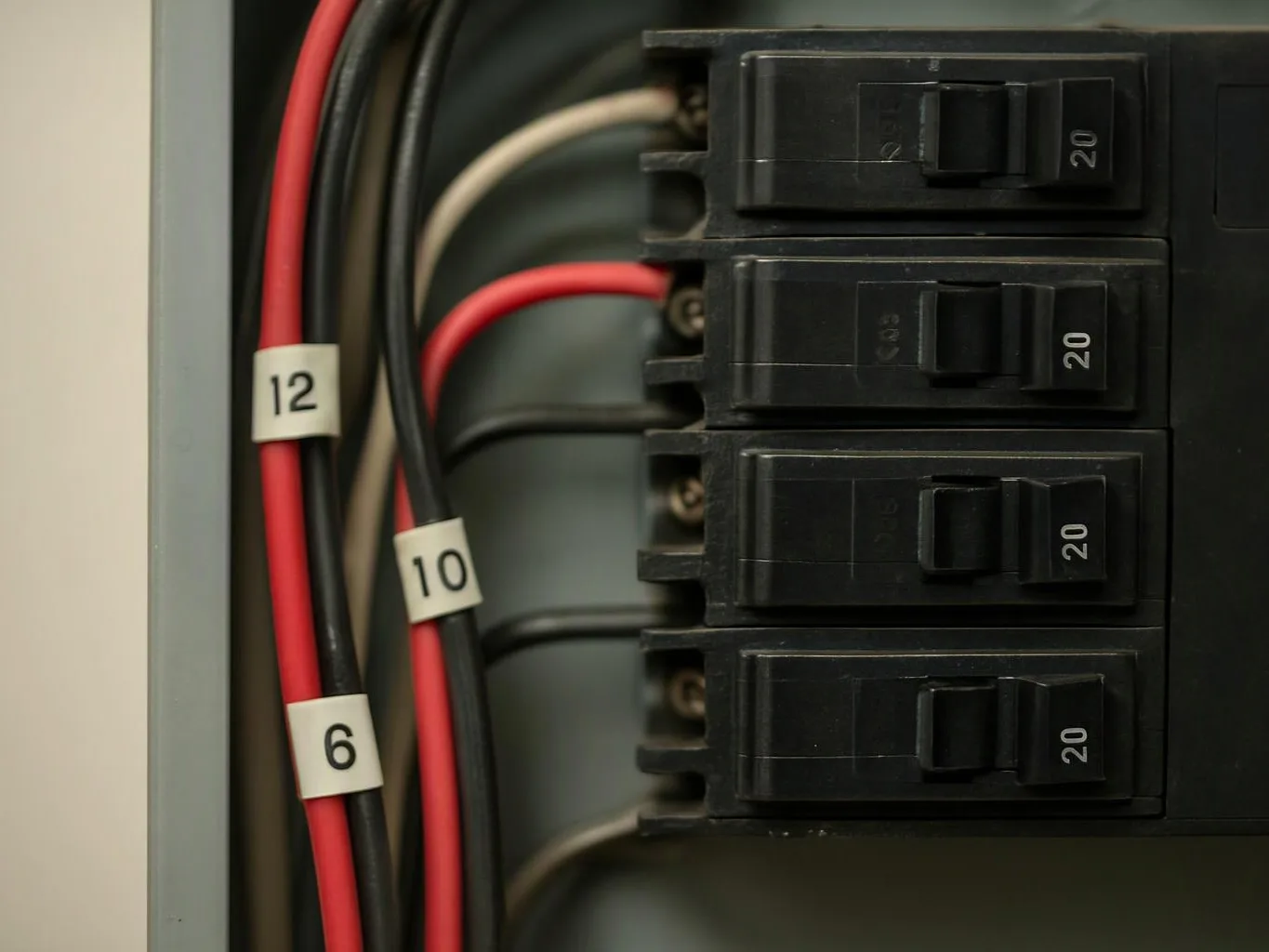 Close-up of an electrical breaker panel with numbered wires and four black 20-amp switches