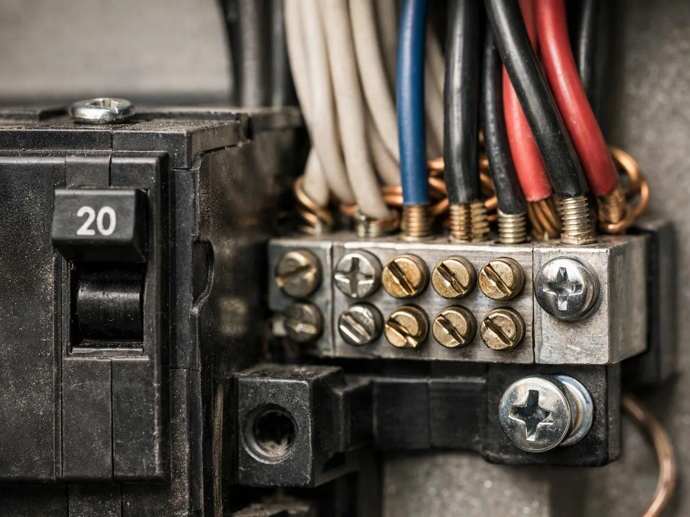 Close-up of an electrical breaker and terminal block with colored wires and metal screws mounted inside a panel