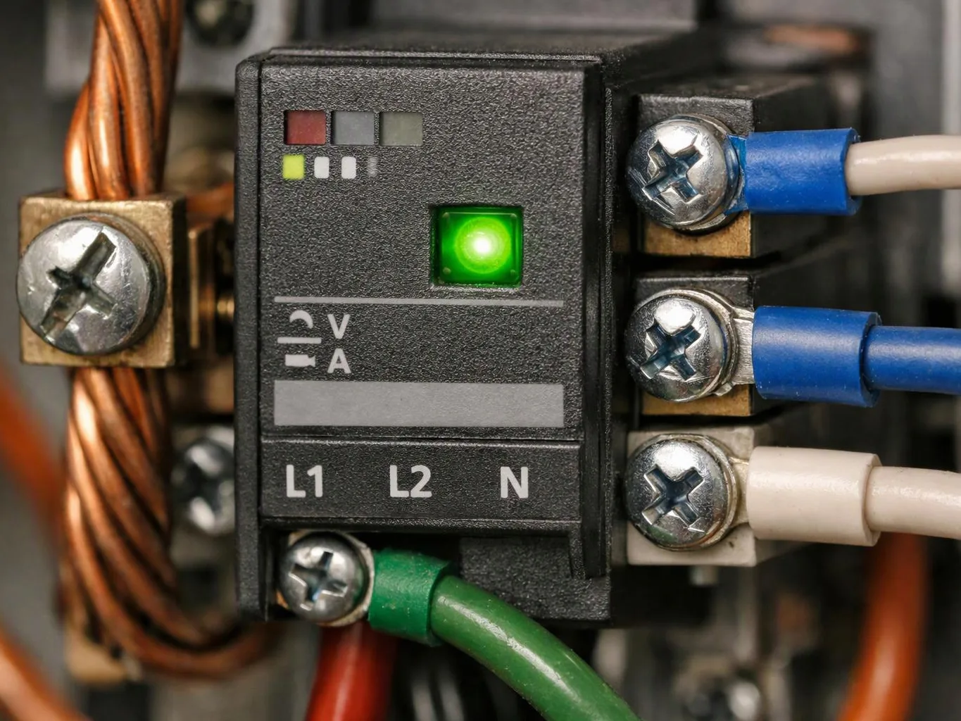 Close-up of an electrical component with a glowing green indicator light and several wired screw terminals