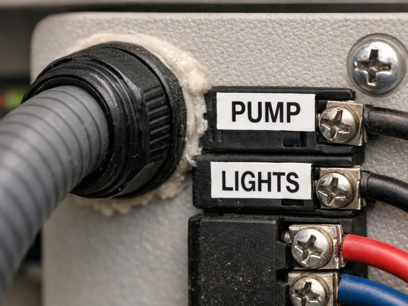 Close-up of a gray electrical panel with labeled switches, a large hose connector, and colored wires attached