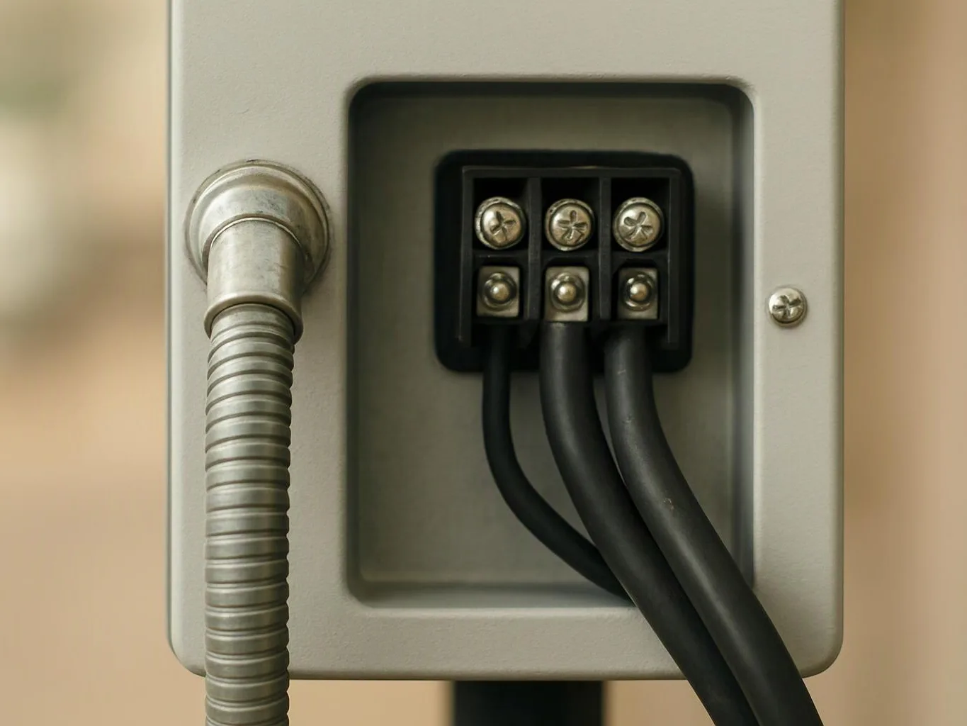 Close-up of a gray metal electrical box with three black cables and a silver conduit attached