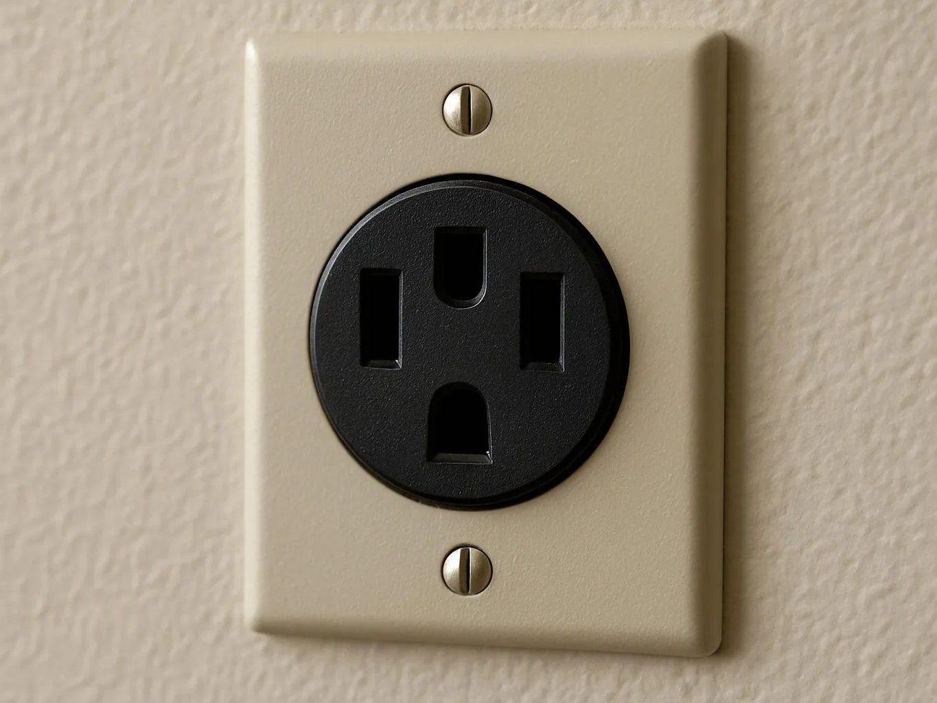 A close-up shows a black electrical outlet on a beige wall plate with two screws