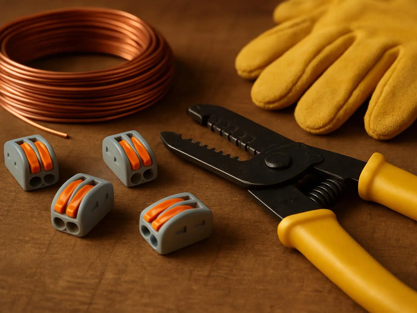 Coiled copper wire, yellow work gloves, wire strippers, and small connectors sit on a wooden surface