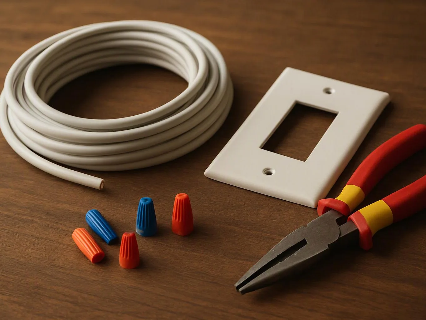 Coiled white wire, wire nuts, a wall plate, and red handled pliers rest on a wooden table