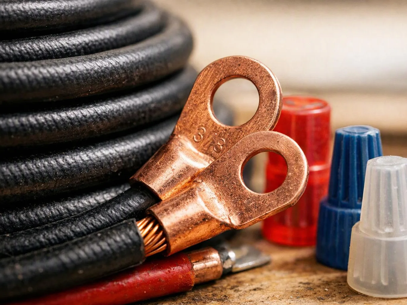 Copper cable lugs rest beside a coiled black wire, with colorful wire connectors on a workbench