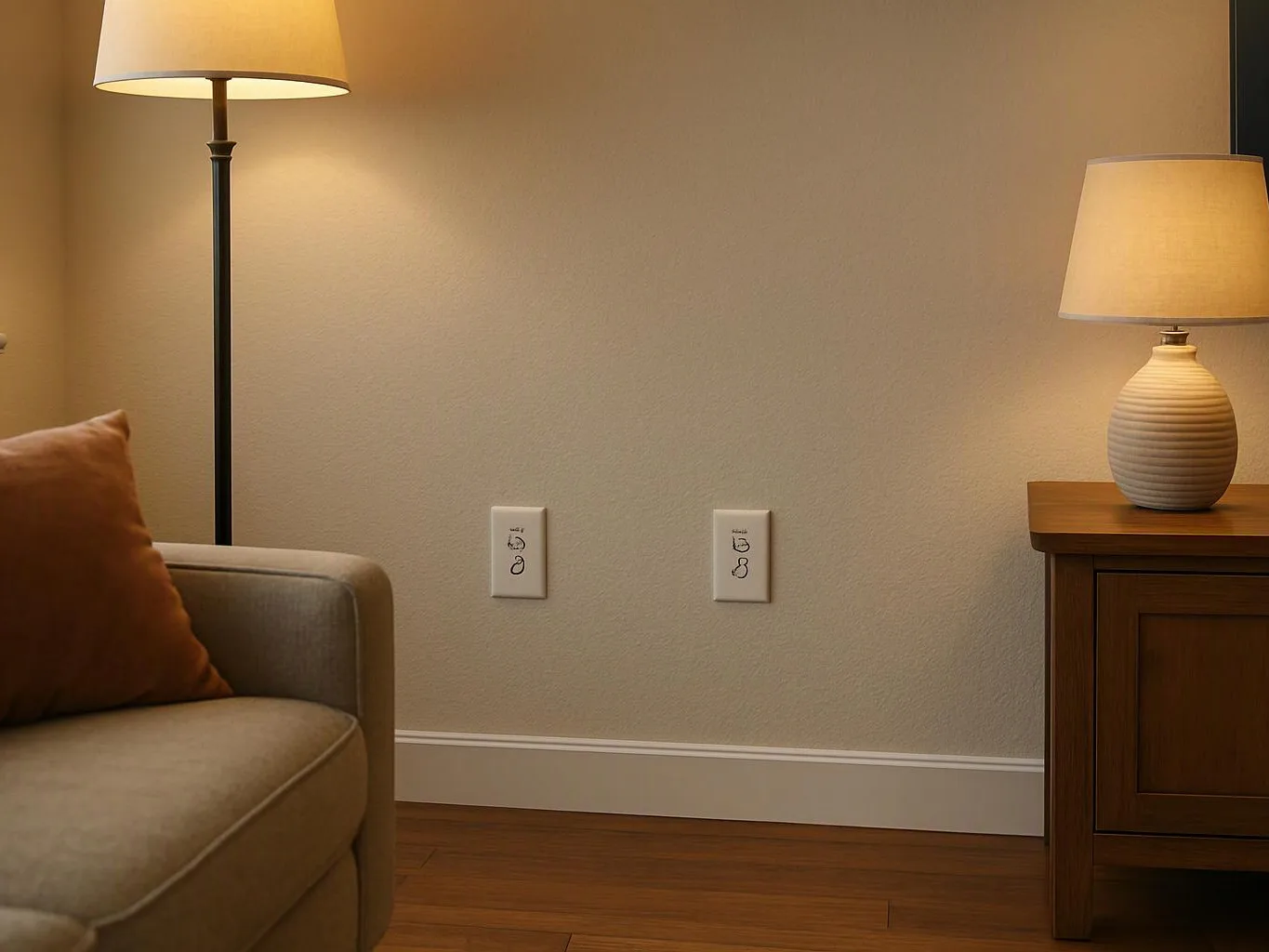 A cozy living room corner shows two lit lamps, a sofa with a pillow, and a wooden side table