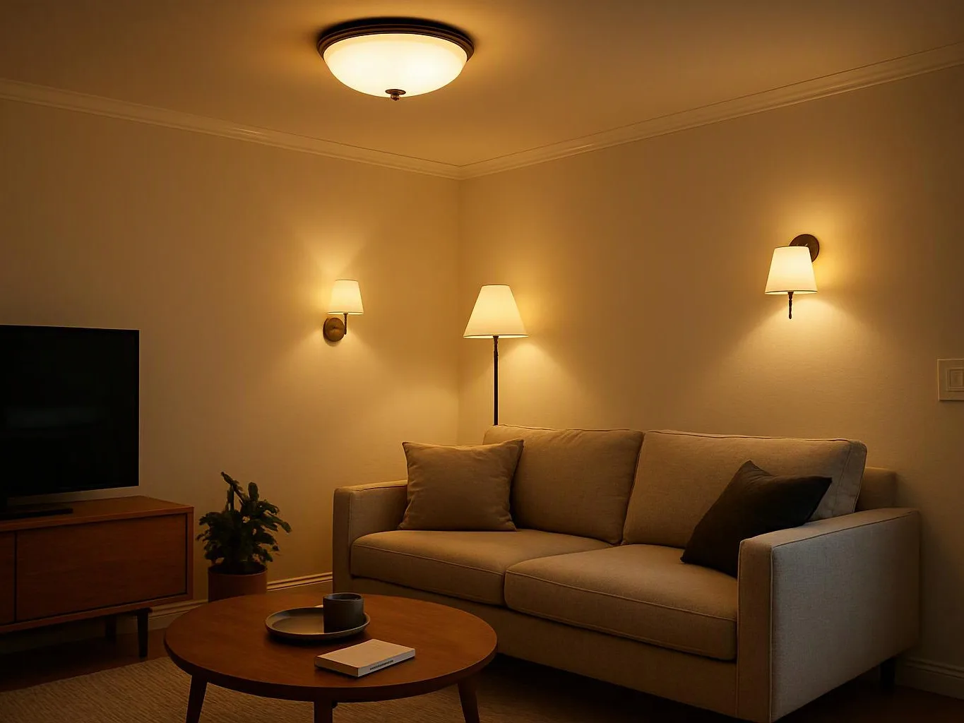 A cozy living room shows a beige sofa, round coffee table, TV, and three warm wall lights against plain walls