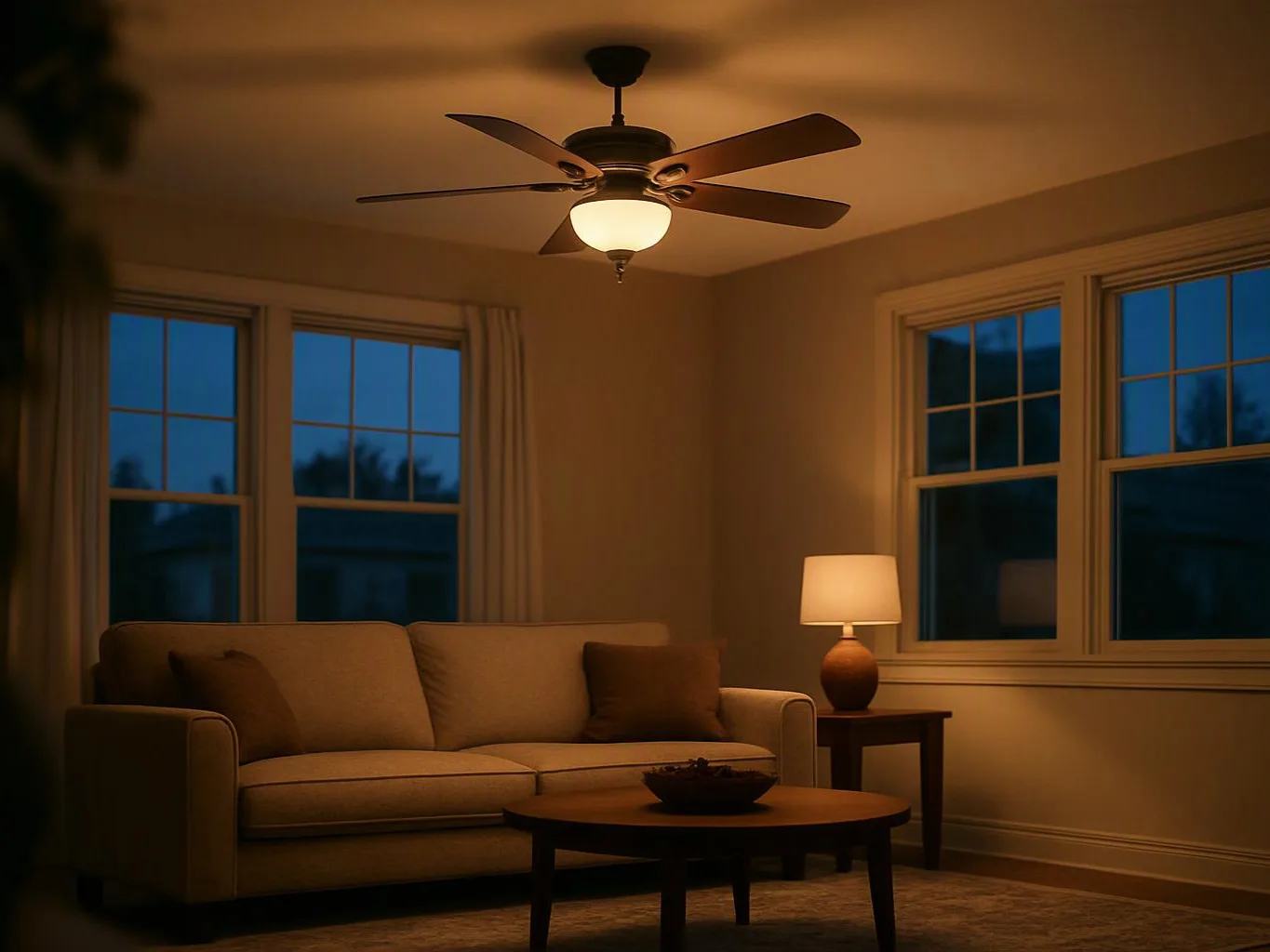 A cozy living room shows a sofa, lamp, coffee table, and ceiling fan beside dark windows at dusk