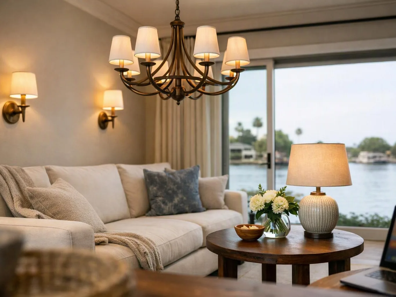 A cozy living room with a sofa, chandelier, lamps, and a coffee table beside a large water view