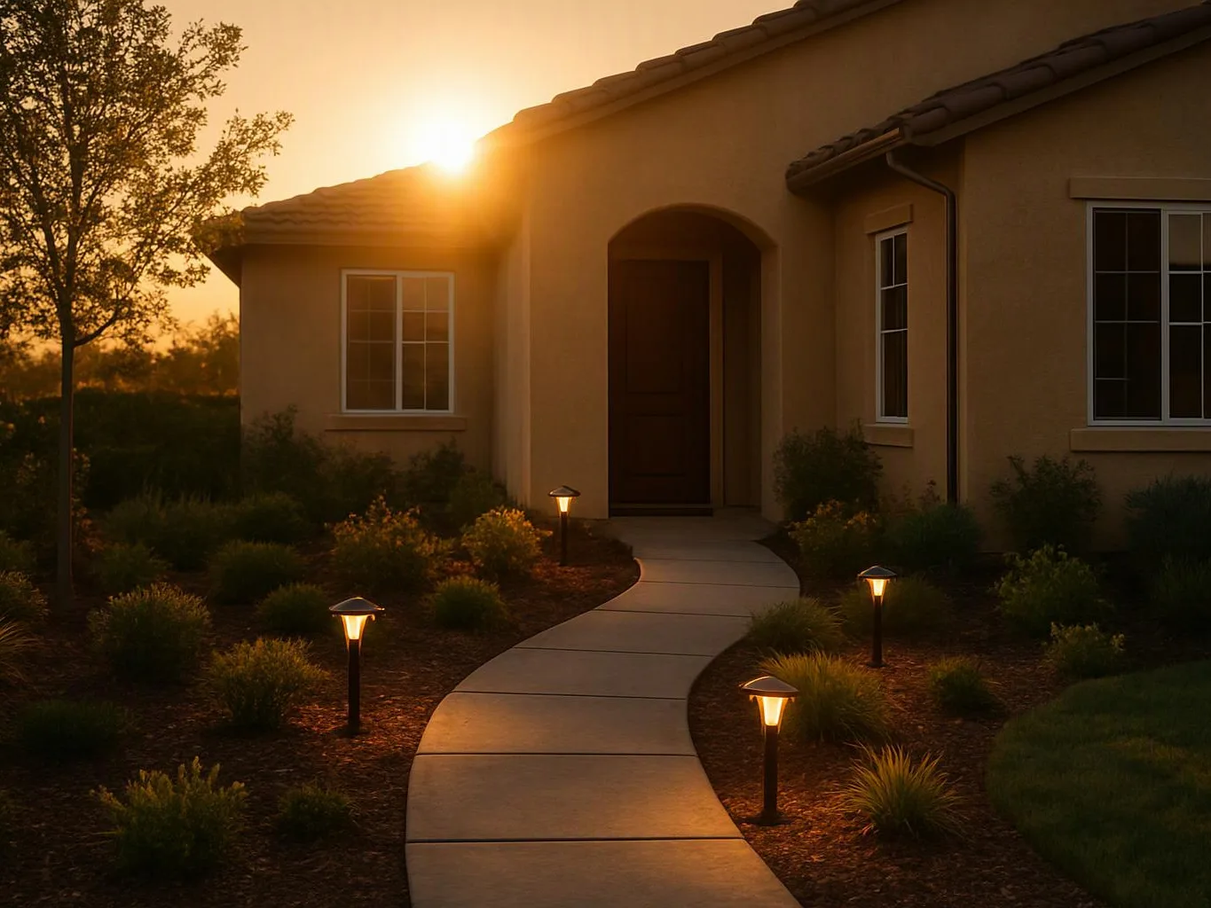 A curved walkway leads to a stucco house at sunset, with glowing path lights and landscaped shrubs in front