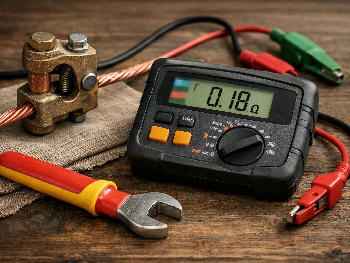 A digital meter reads 0.18 ohms beside clamps, a copper wire, and a wrench on a wooden table