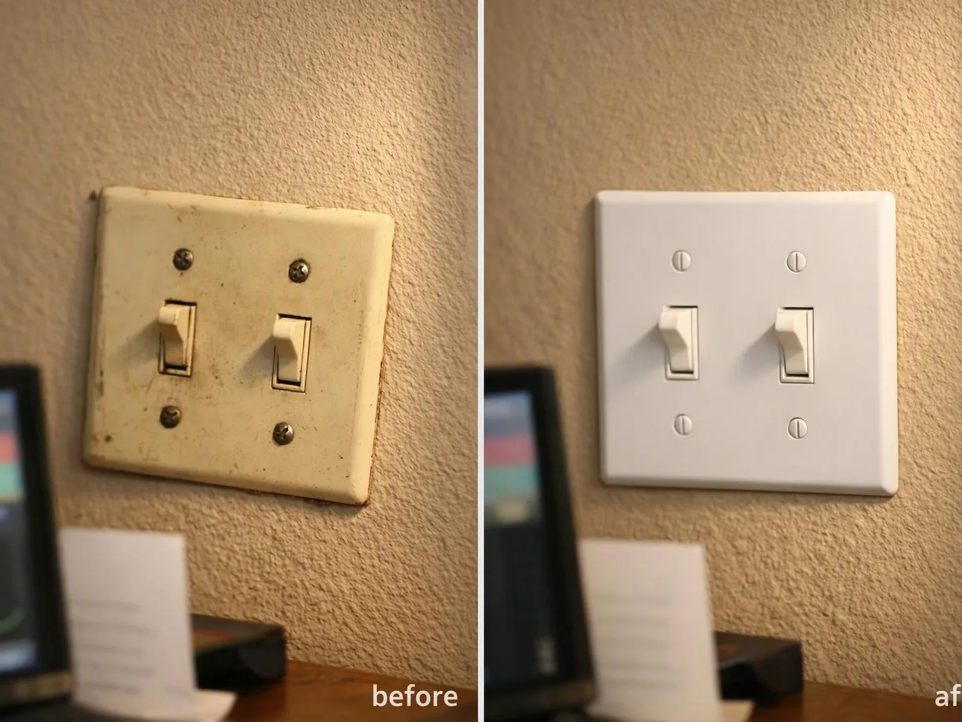 A dirty old light switch is shown before and after being replaced with a clean white plate on a textured wall