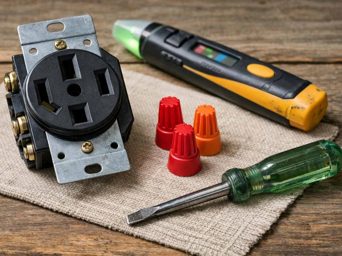An electrical outlet, wire nuts, a voltage tester, and a screwdriver rest on a cloth over a wooden surface