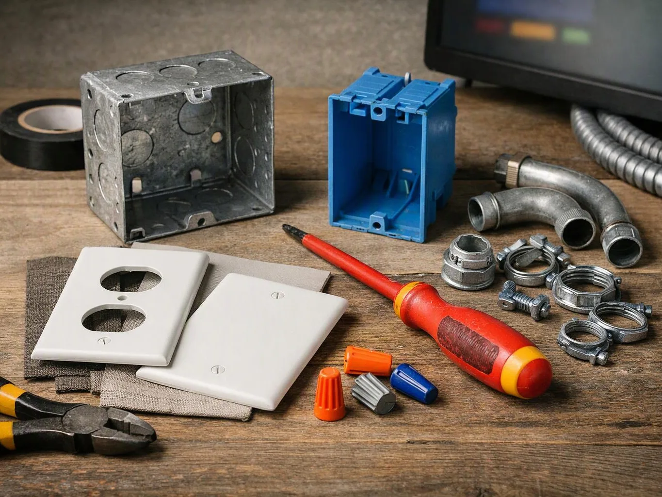 Electrical supplies and hand tools lie on a wooden workbench beside metal boxes, conduit, wire nuts, and cover plates