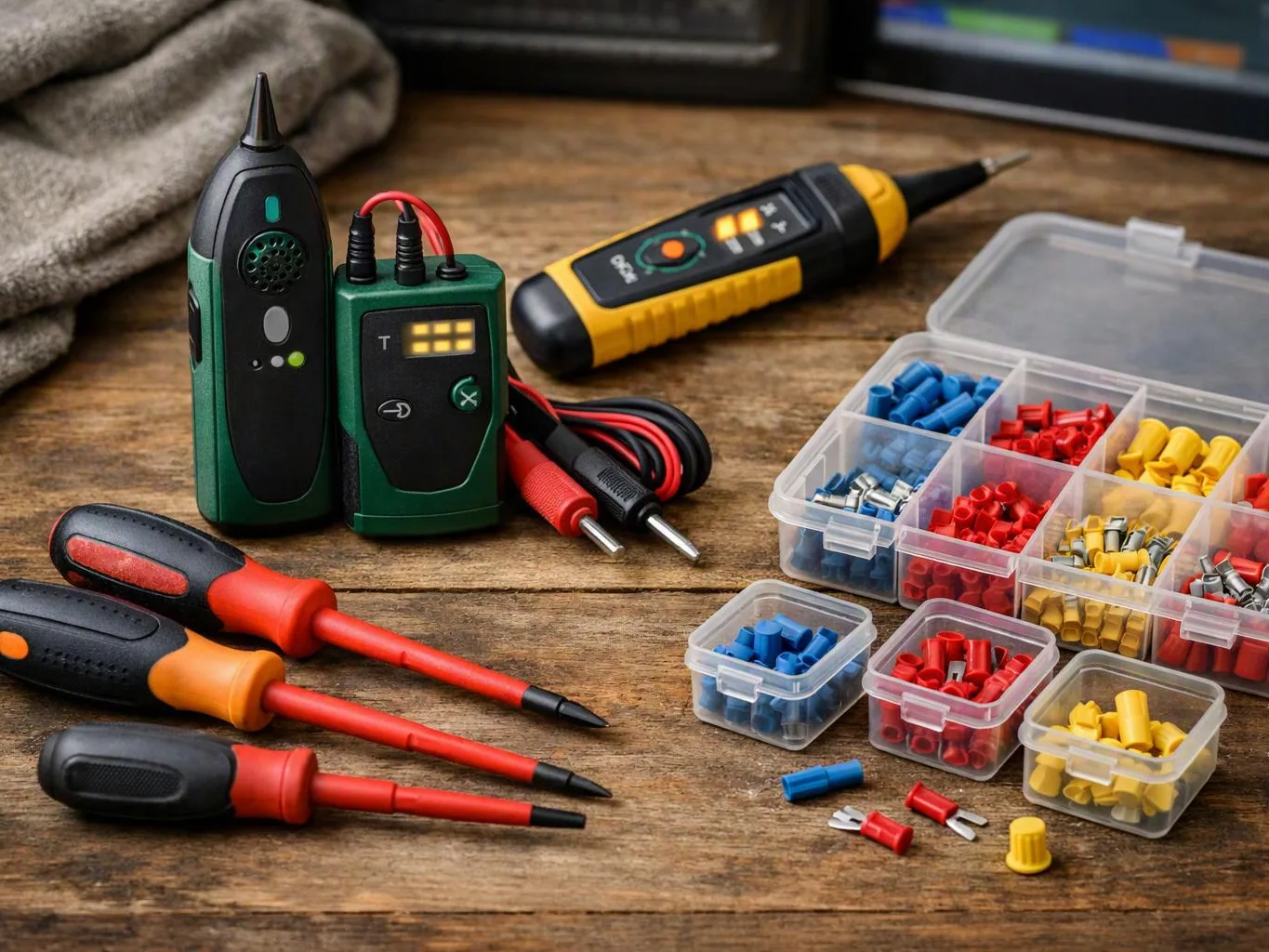 Electrical testing tools and color-coded wire connectors are arranged on a wooden workbench