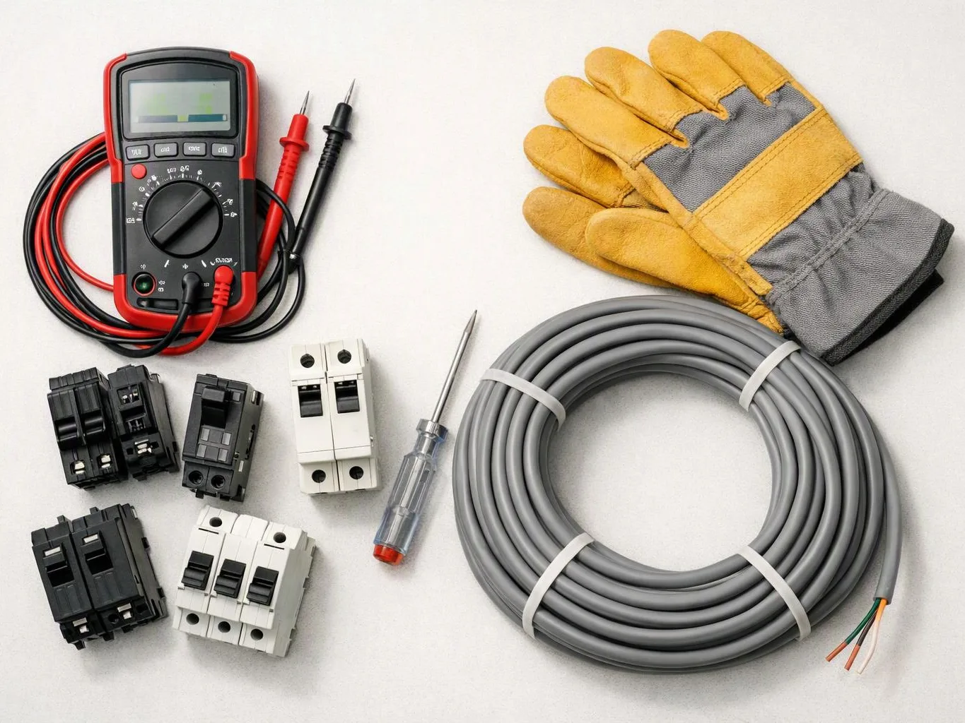 An electrical tool kit sits on a white surface with a multimeter, gloves, circuit breakers, a screwdriver, and coiled cable