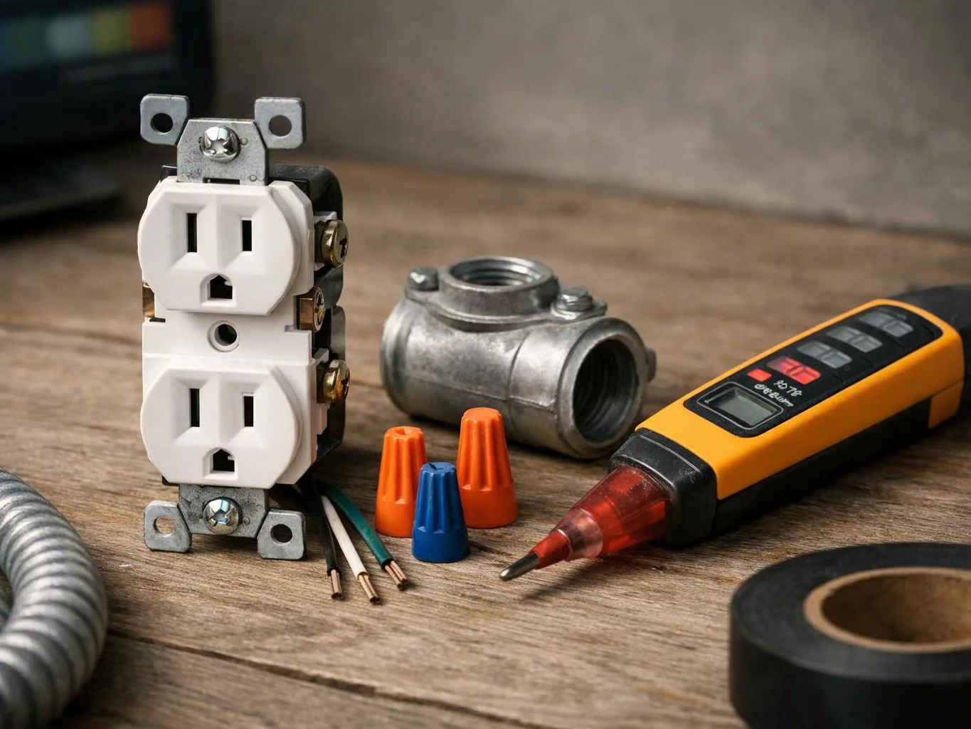 Electrical tools and parts sit on a wooden table, including an outlet, wire caps, a tester, and conduit fitting