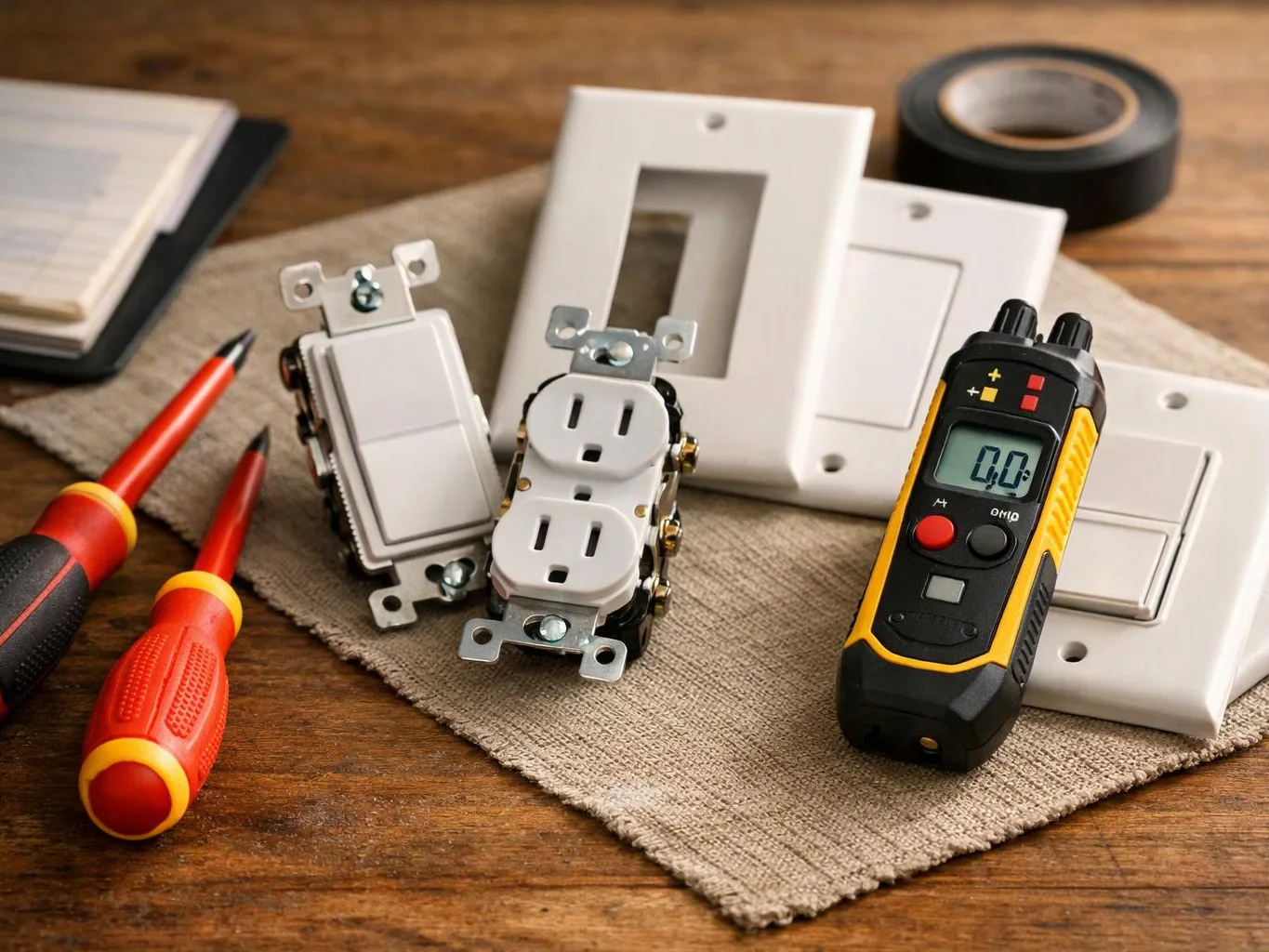 Electrical tools and switches sit on a cloth mat beside a wooden table with a tape roll