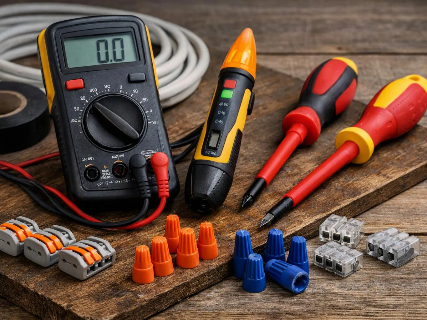 Electrical tools and wire connectors are arranged on a wooden workbench