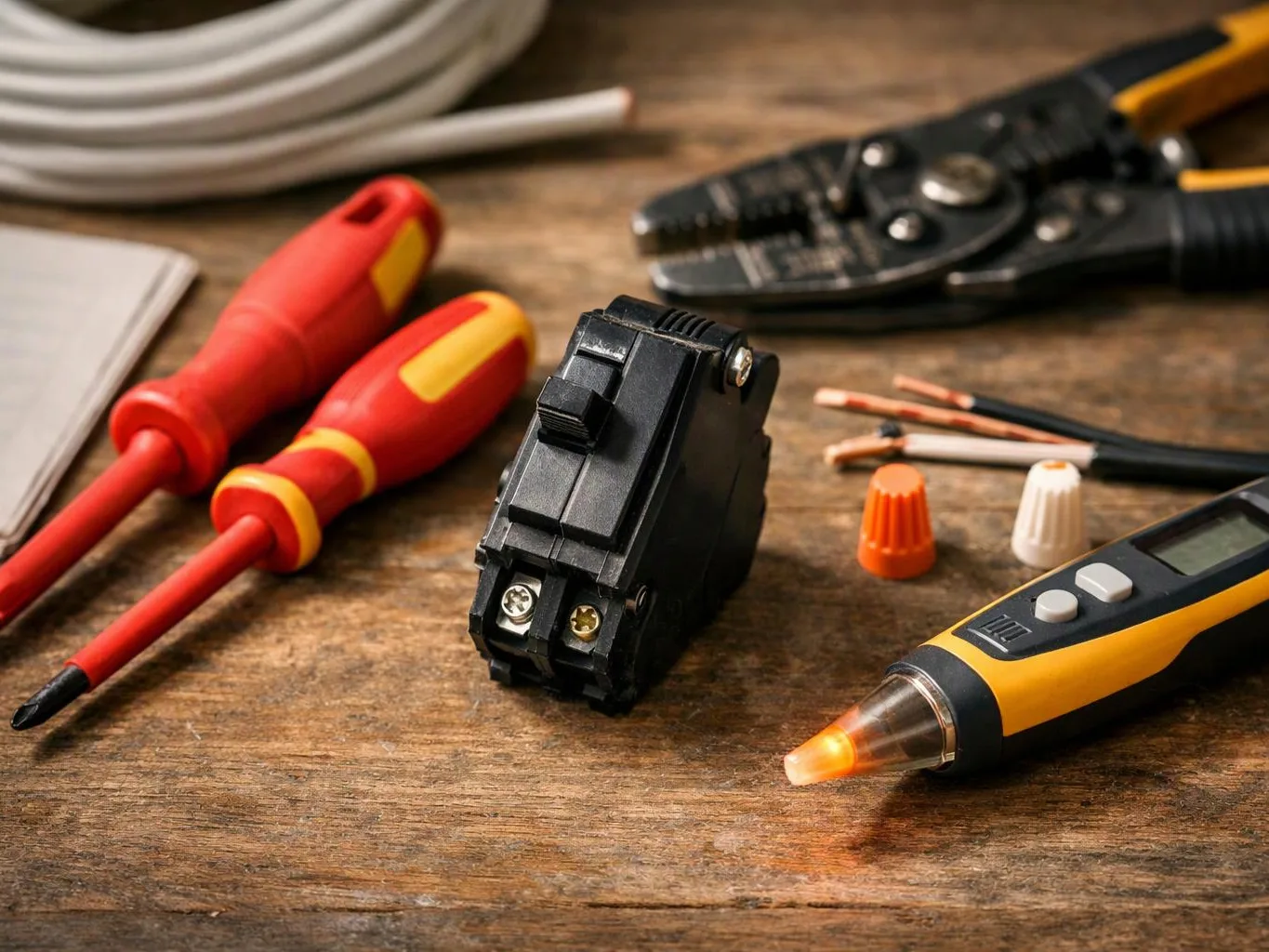 Electrical tools and wire connectors lie scattered on a wooden workbench