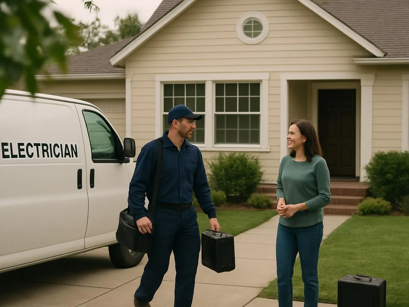 An electrician stands beside a white van and talks with a woman outside a suburban house