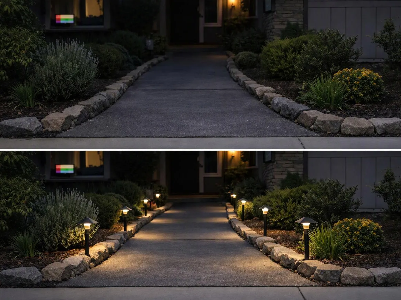 A front walkway is shown at dusk, then lit by small garden path lights beside rocks and shrubs