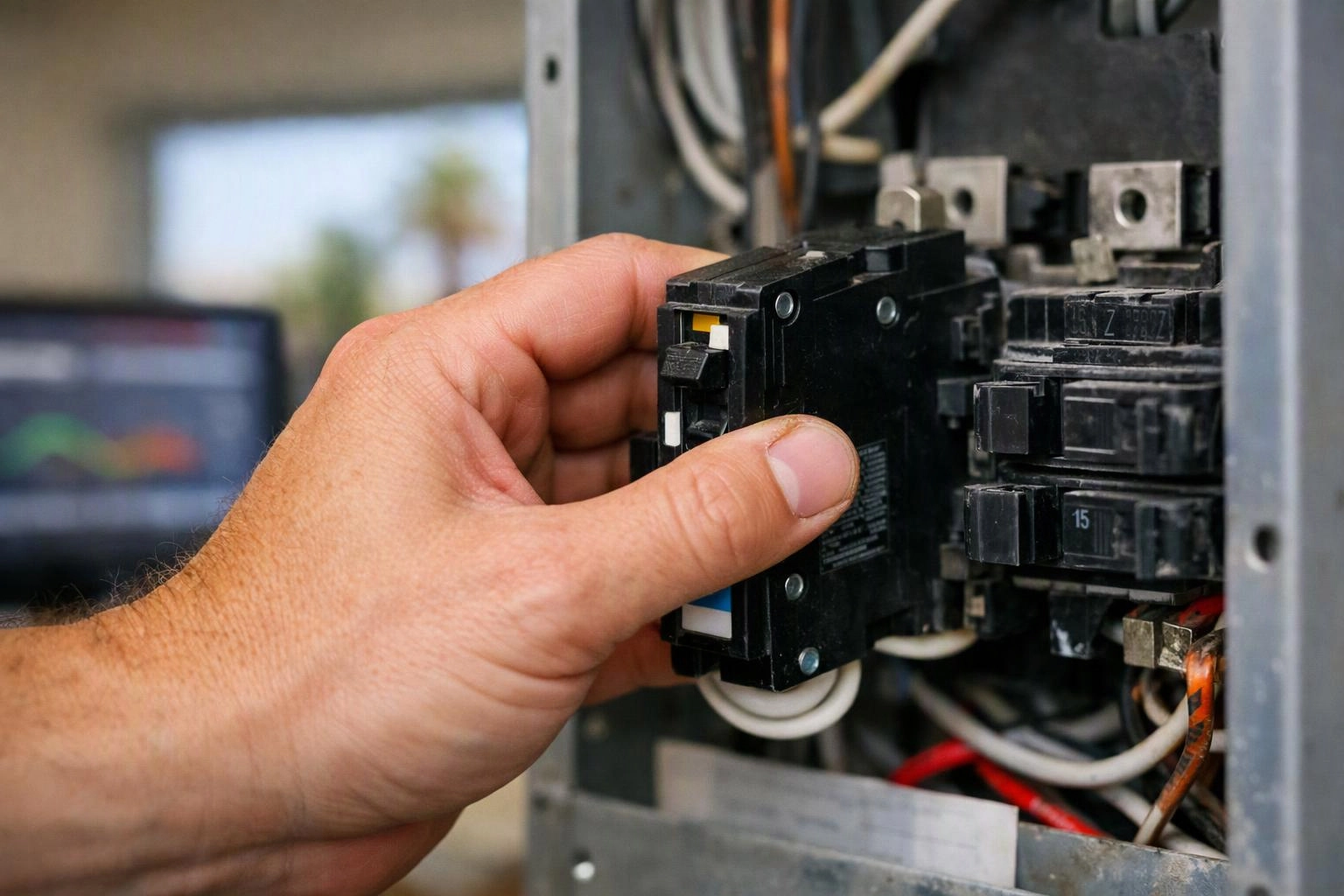 A hand adjusts a black circuit breaker inside an open electrical panel with visible wiring