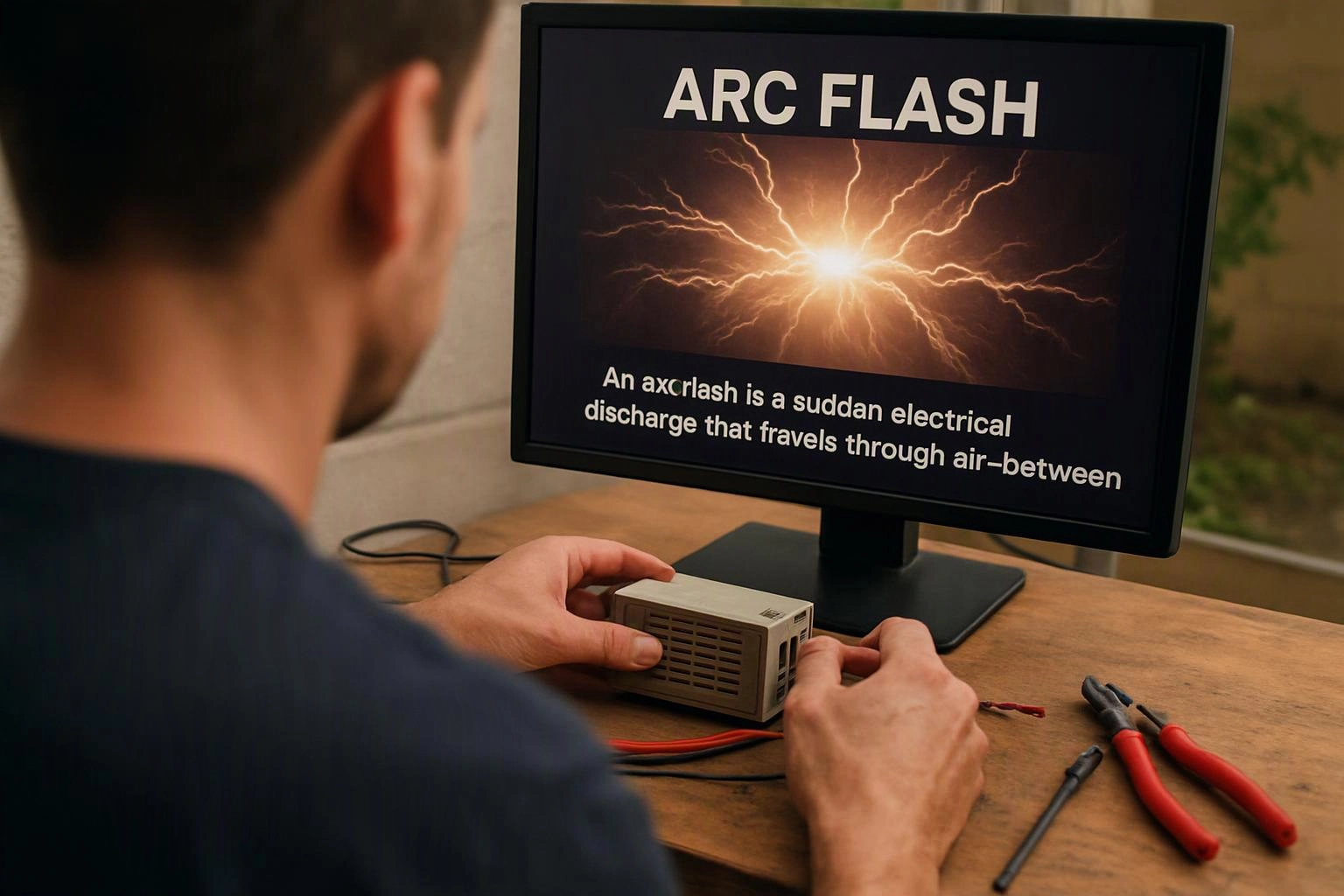 A person sits at a desk wiring a small device while a monitor shows an ARC FLASH warning slide