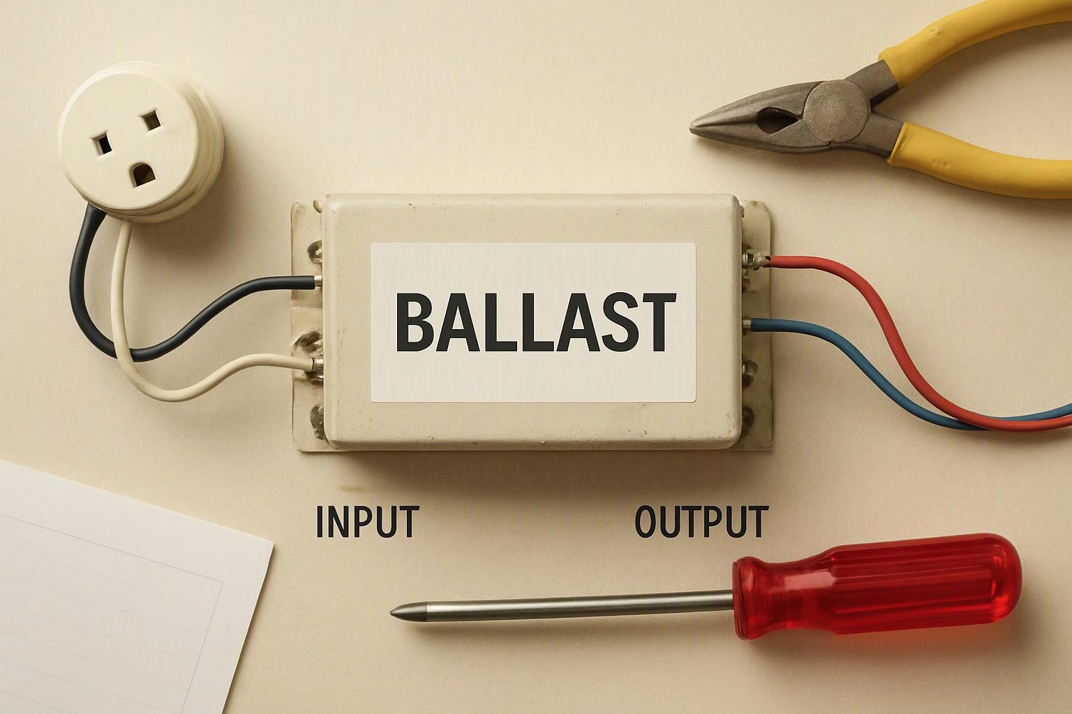 A ballast box with colored wires lies on a beige surface beside pliers and a screwdriver