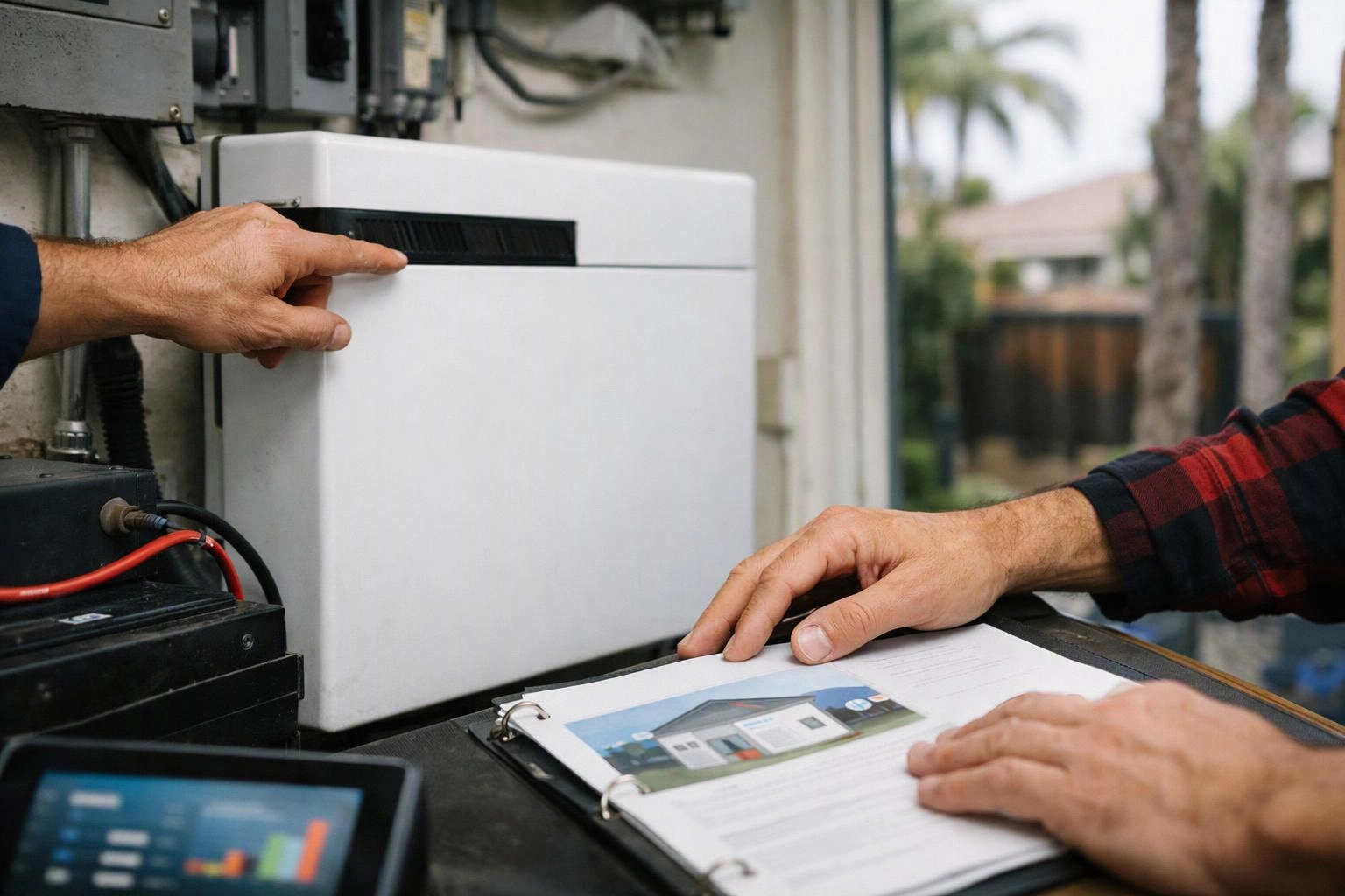 Two hands examine a white wall-mounted device while a binder with a house photo rests on a table indoors